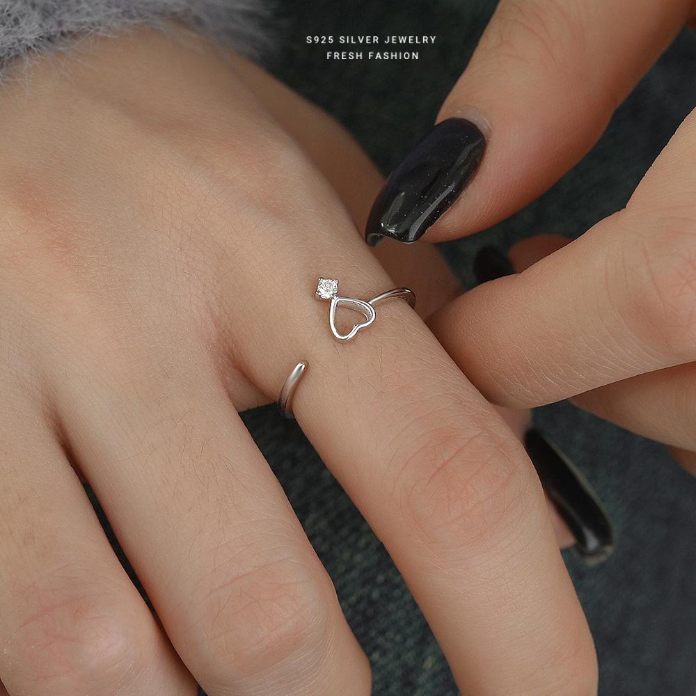 925 Sterling Silver Korean Sweet Zircon Hollow Opening Ring for Women Simple Luxury Party Jewelry Accessories