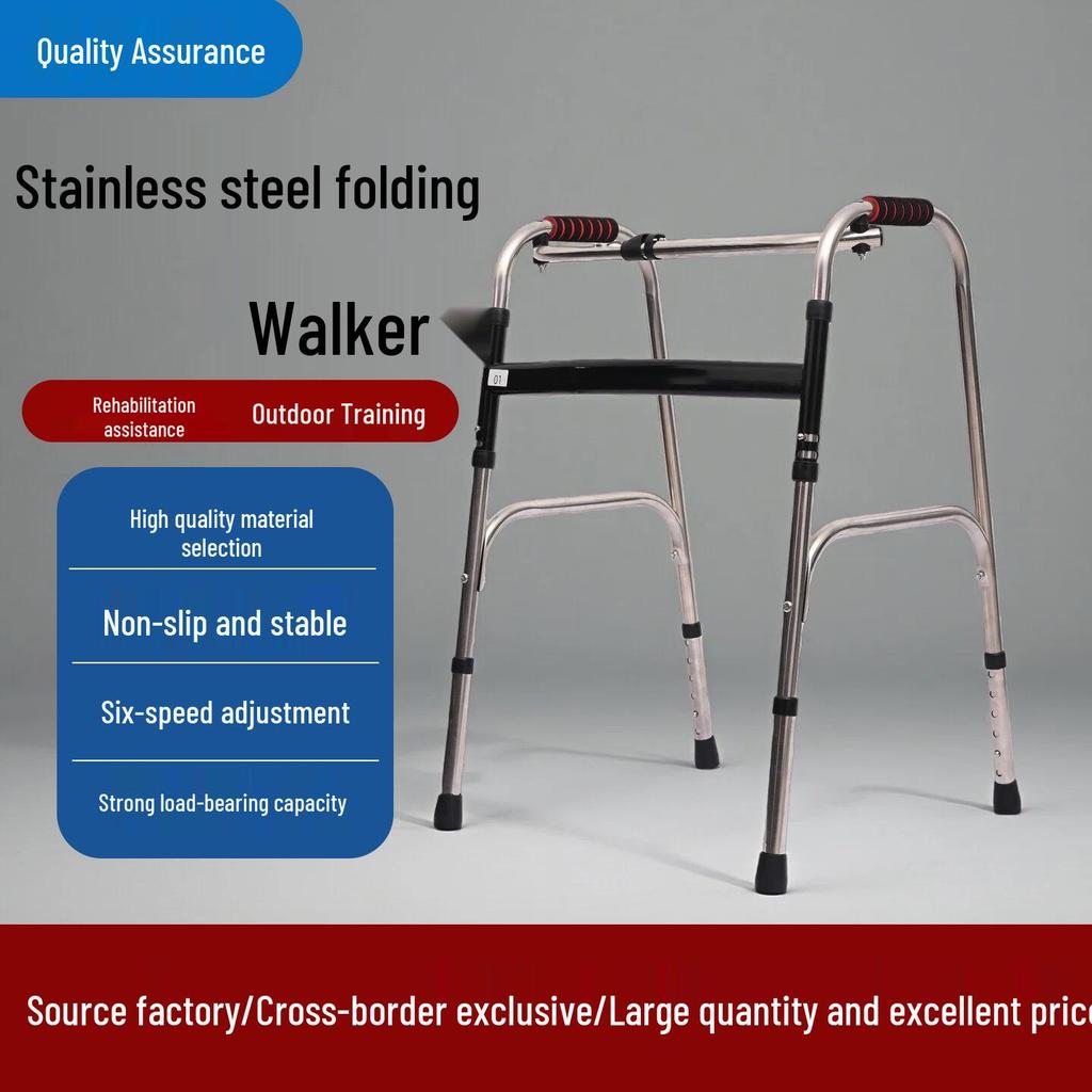 Foldable Stainless Steel Walker with Seat for Elderly - Outdoor, Pushable, Four-Wheel Cane