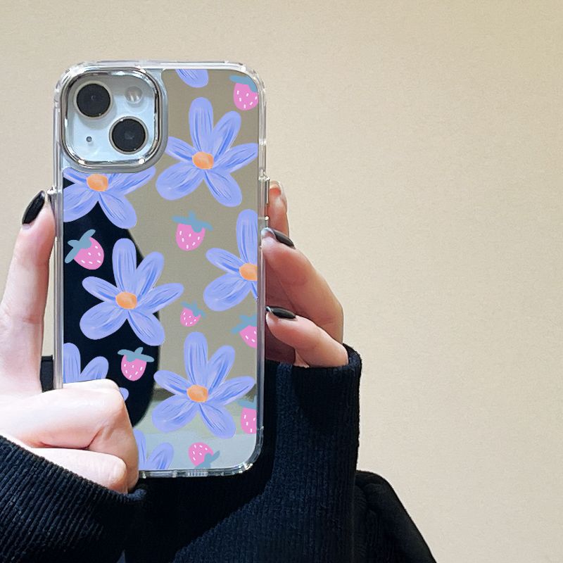 Strawberry flower mirror for iPhone17pormax mobile phone case 16pro niche x Apple 14 all-inclusive 15