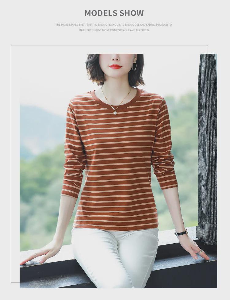 Plus Size Loose-Fit Cotton Striped Long-Sleeve T-Shirt for Middle-Aged & Elderly Women