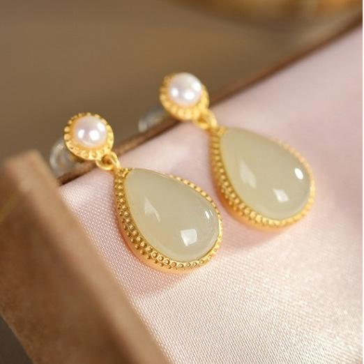 

925 Sterling Silver Jewelry Natural Jade Waterdrop Pearl Stud Earrings for Women Wedding Party Jewelry for Girls Friend Gift Silver Plated