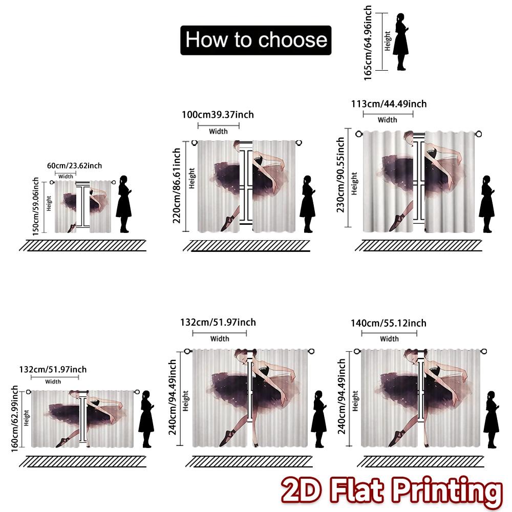 2D FLAT PRINTING 2pcs Curtains (Without Rod) Elegant Ballerina Dancing Fashionable Chic Curtains Prints Light Filtering Curtains