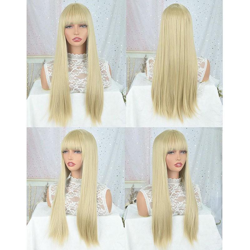 Womens Full Wig Long Straight Golden Hair With Natural Bangs Heat-Resistant Synthetic Hairpiece Daily Wear