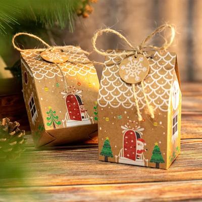 Christmas Candy Bags House Shape Kraft Paper Christmas Gift Box DIY Cookie Bag Packing Boxes with Strings Christmas Decorations