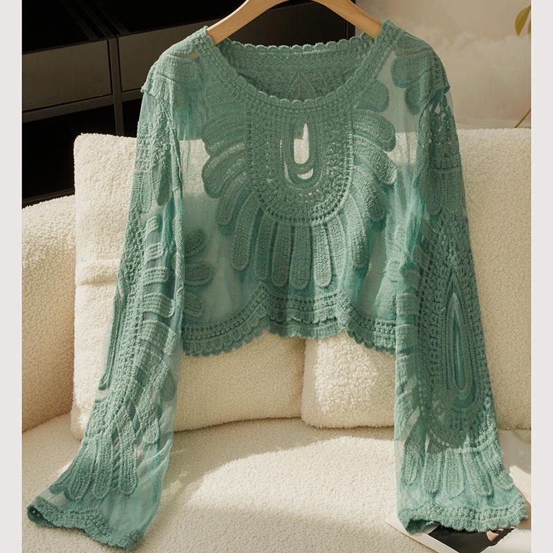 Women's Summer Long Sleeve Lace Mesh Sunflower Embroidered Pullover Swimsuit Cover Up Beach Vacation Outerwear Sun Protection Top