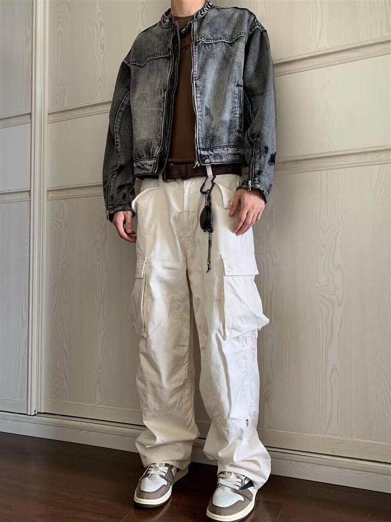 Men's Retro Stand Collar Denim Jacket - Japanese Style Washed Design for Couples, Trendy Spring and Autumn Wear.