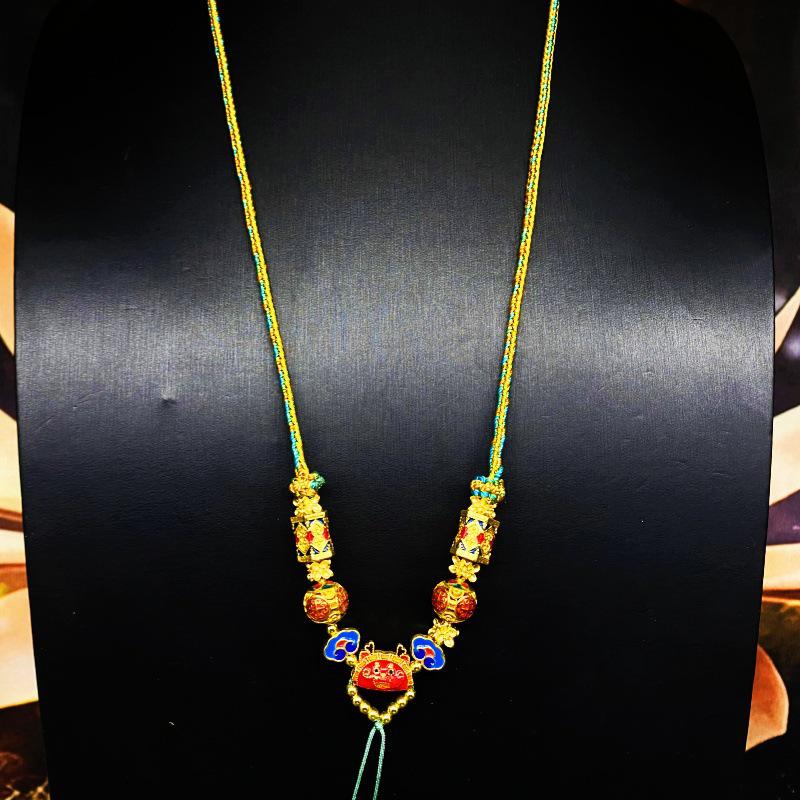 Tibetan Handmade Thangka Pendant Rope Necklace with Amber Charm