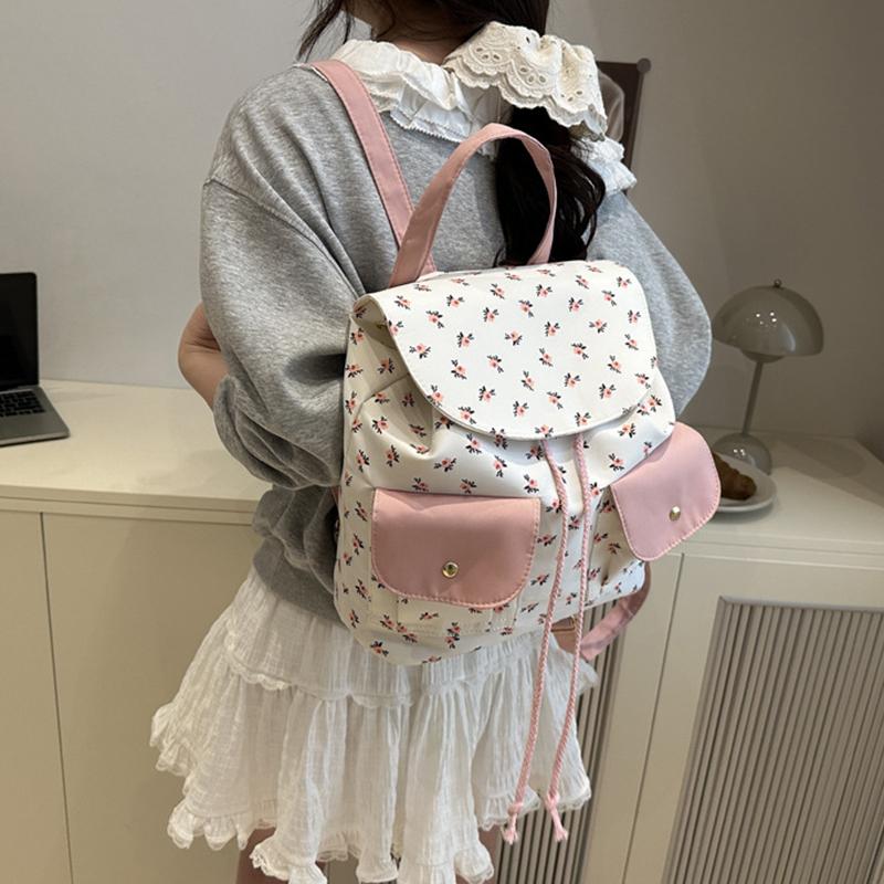 Women Floral Backpack Stylish Laptop Backpack Large Capacity Students School Bag Multi-pockets Adjustable Strap Nylon Backpack