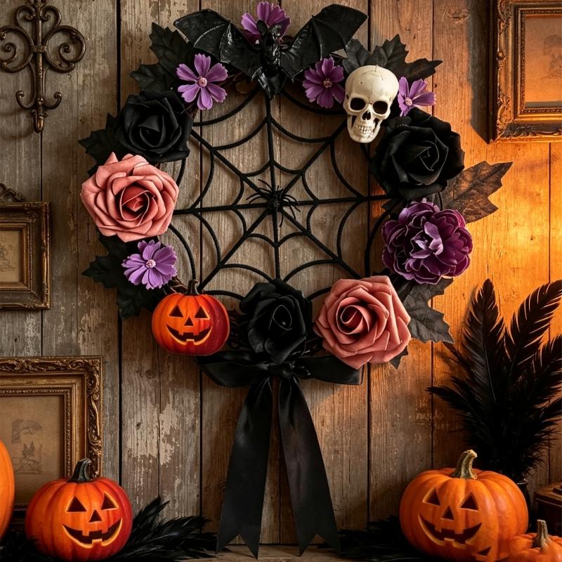 Artificial Skull Halloween Wreath, Dark Flower Wreath for Door, Wall and Entryway Decoration, Halloween Party Backdrops Store Window Display