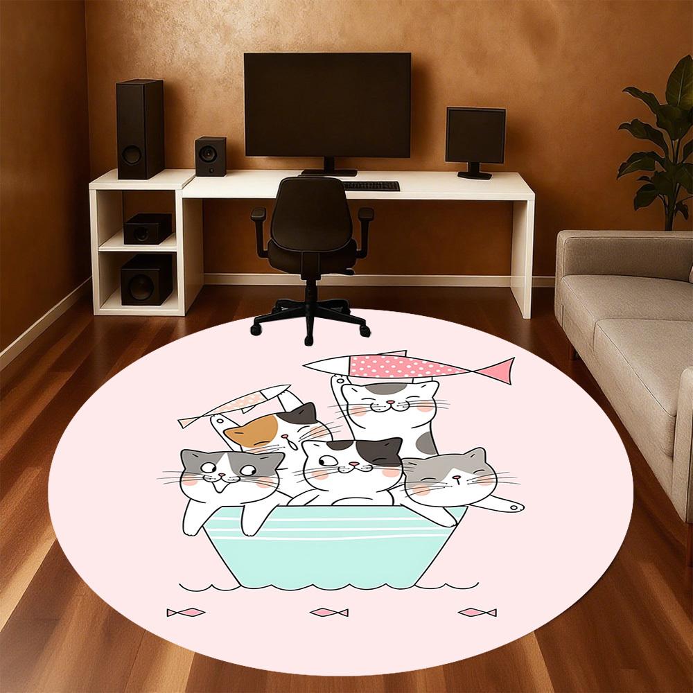 1pc Cat Boat Round Chair Mat Area Rug - Non-Slip, Floor Mat for Office, Bedroom, and Indoor Decor C1125016