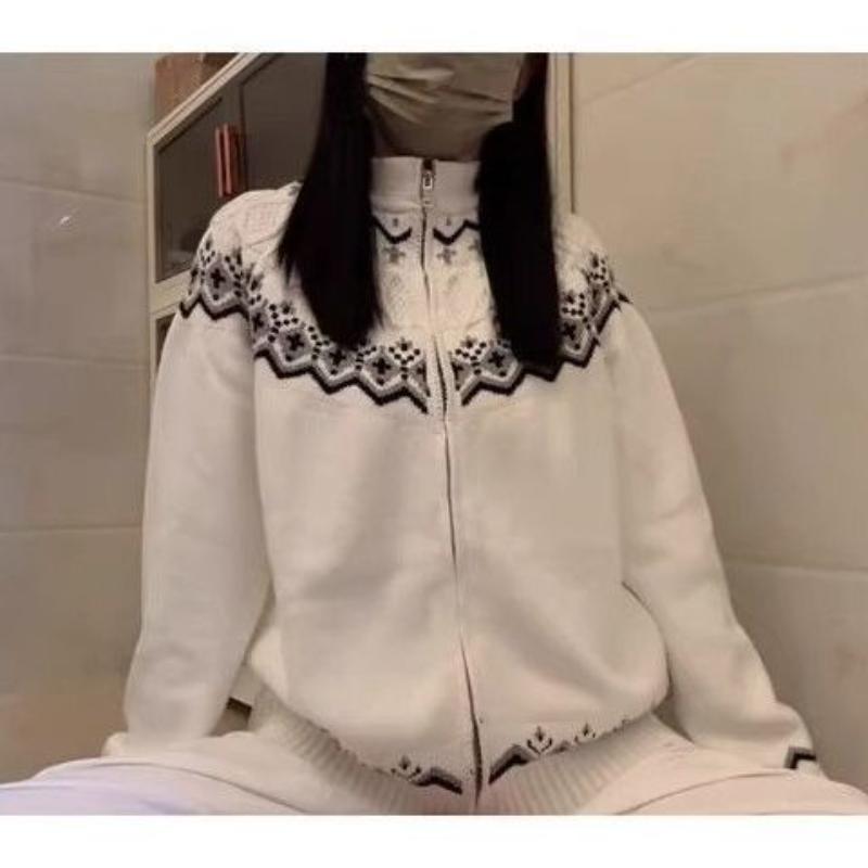 Damen Geometrisches Muster Jacquard Strickjacke Amerikanischer Retro Rundhals Reißverschluss Pullover Herbst Ausdruck Mode Damen Übermantel