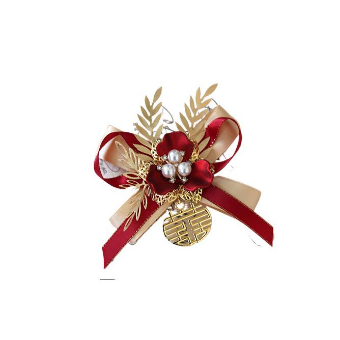 Forest Style Chinese Wedding Corsage Set: Bowknot Brooches for Groom, Bride, and Parents