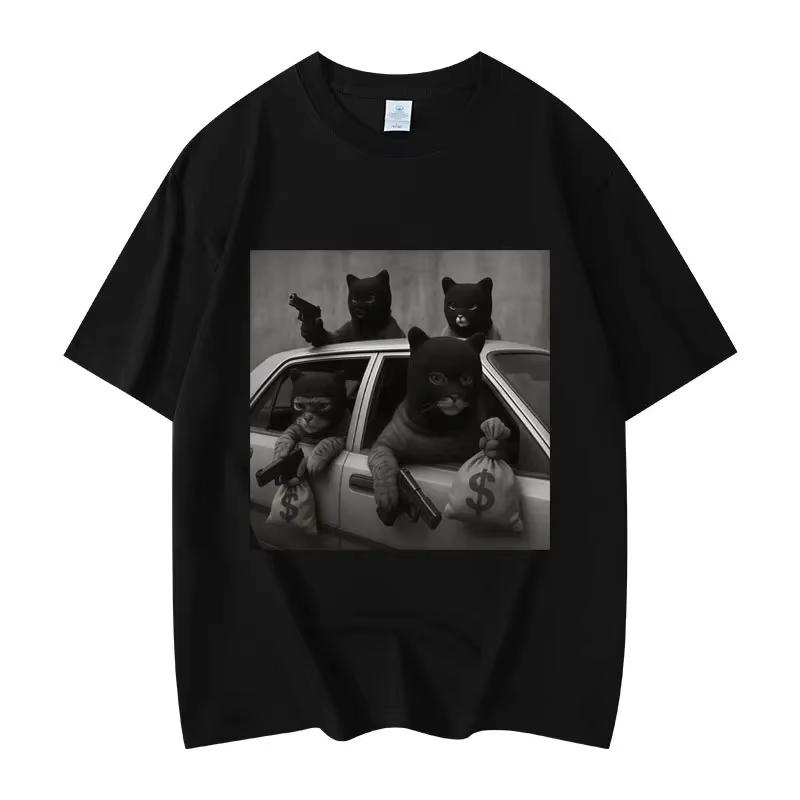 Mens and womens fashionable retro short sleeved Tshirt highquality oversized Tshirt fun cat help Meme pattern Tshirt
