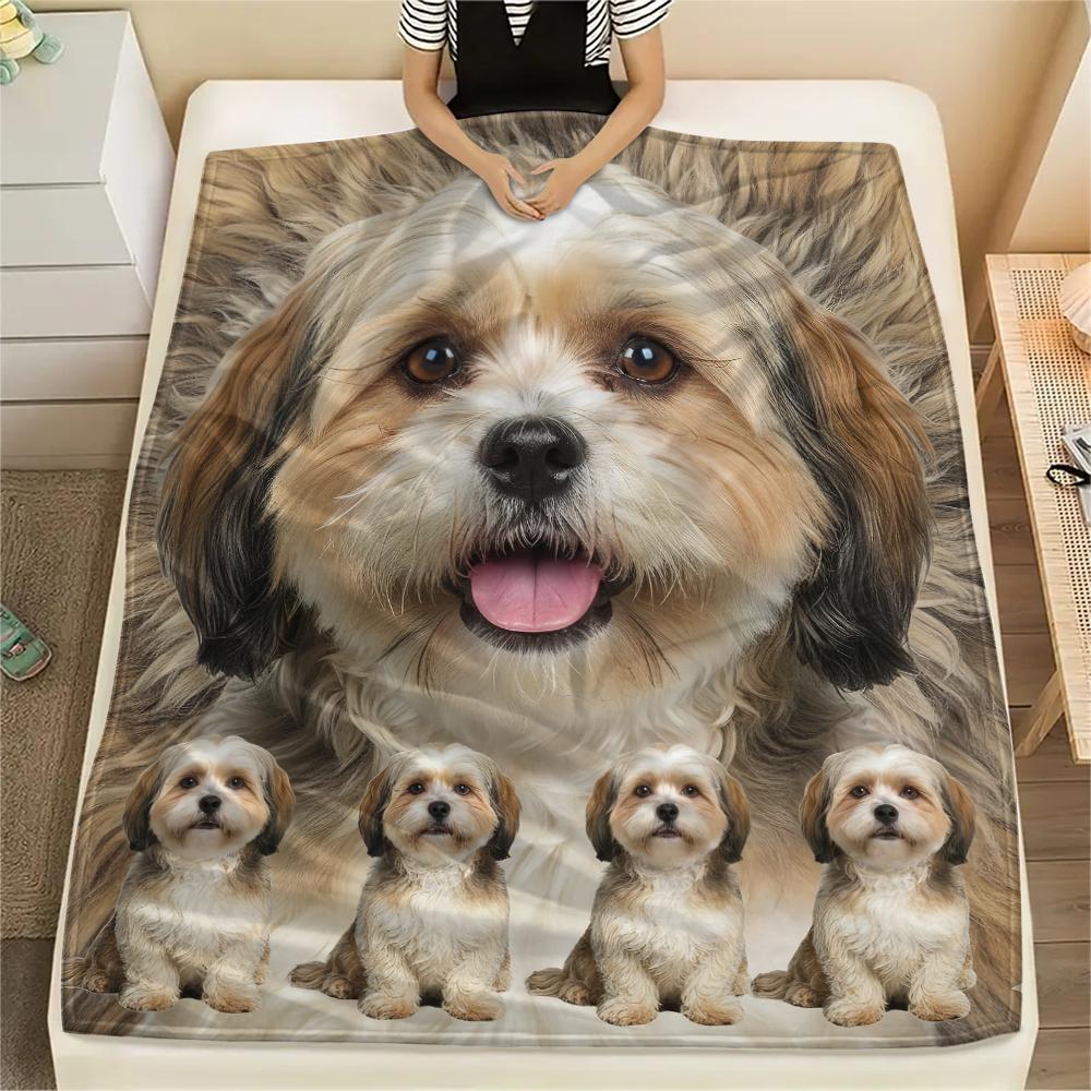 1Pc Lhasa Marejus Dog Print Flannel Blanket, High quality Comfortable for All Seasons, Home Decor, Warmth and Comfort, Perfect for Gifts