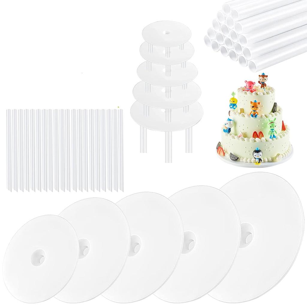 12 Pieces Plastic White Sticks Dowel Rods  in Cake Stands and 4 Pieces Cake Separator Plates for Tiered Cake Stacking
