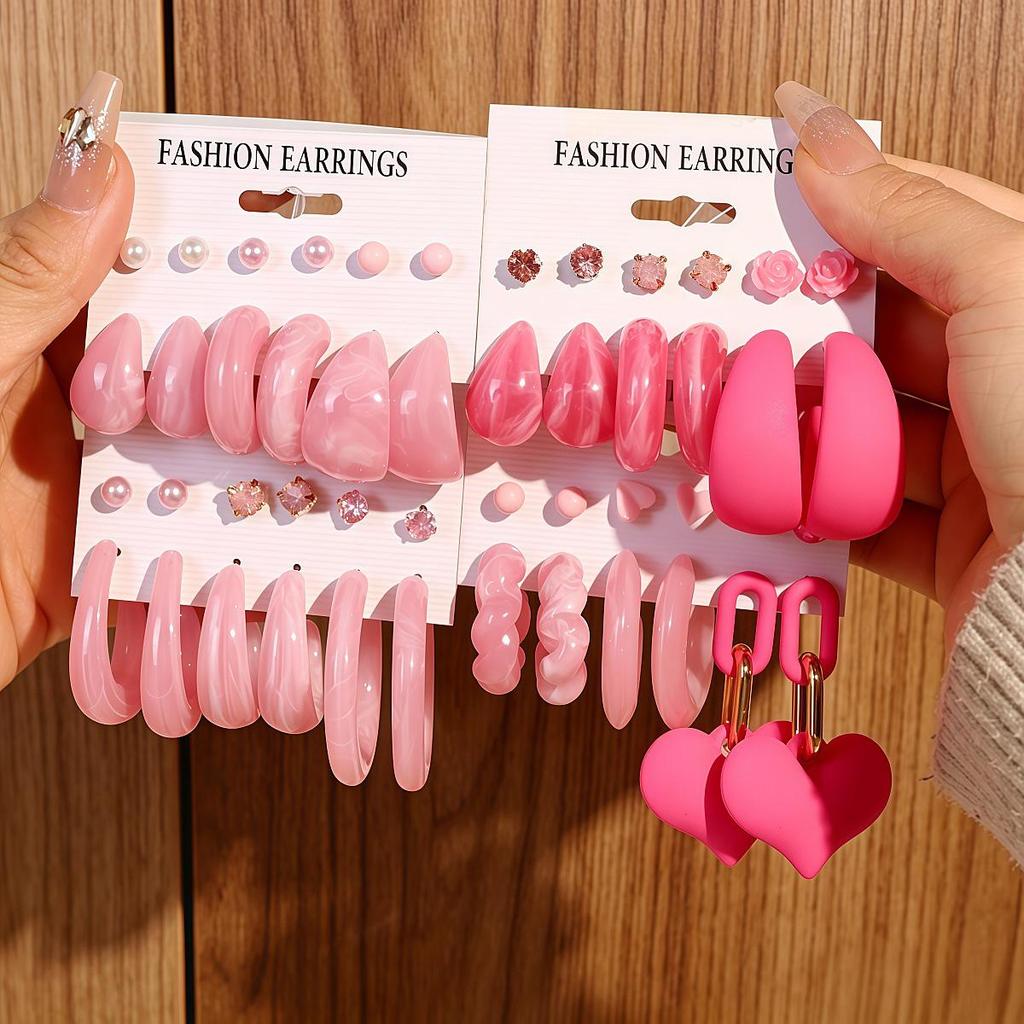 Pink Girly Resin Stud Earring Set - Elegant & Sweet Style for Women