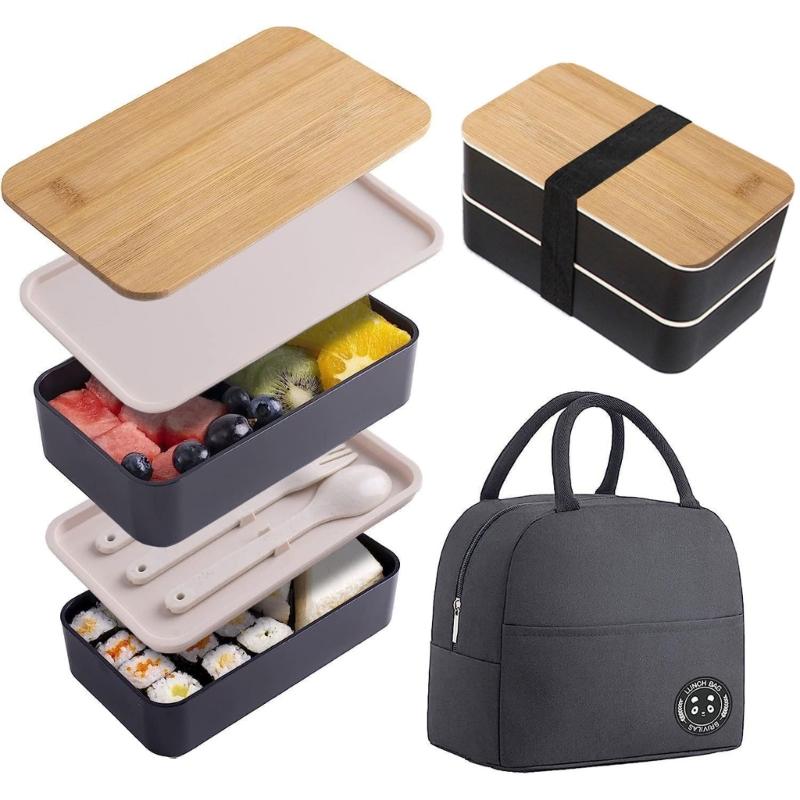 Mikrowellengeeigneter japanischer Lebensmittelbehälter, geräumige doppelstöckige Kunststoff-Bento-Lunchbox mit Besteck und Bambusdeckel