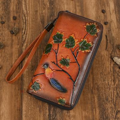 Vintage Wallet Card Holder Genuine Leather Embossed Women's Long Wallets Real Cowhide Hand Purse