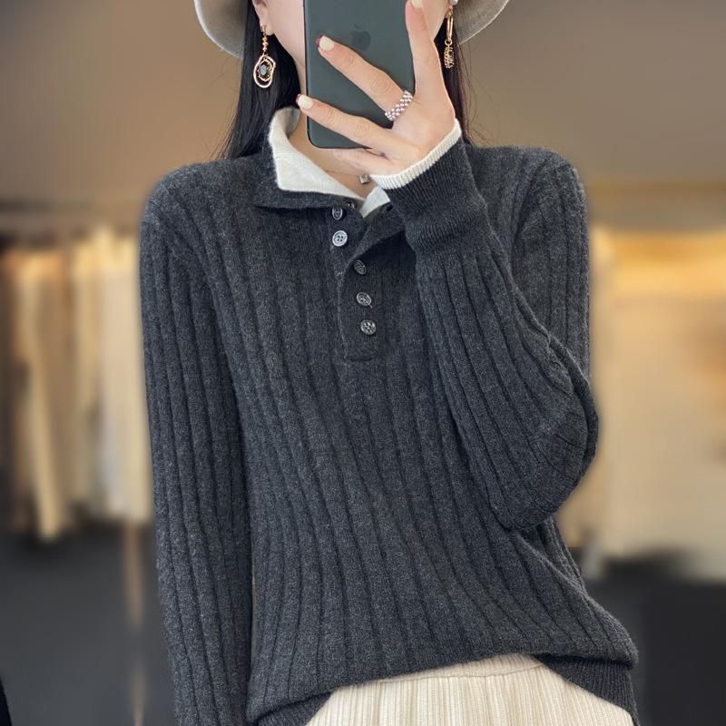 Women Sweater Autumn Winter Casual Shirt Collar Pullover Thickened Warm Cashmere Knitwear XL