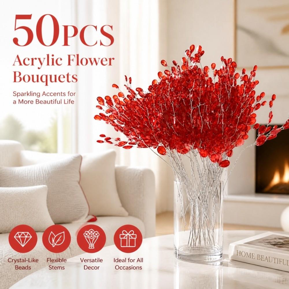 50pcs Acrylic Bead Drop Crystal Bud Branches Beaded String Floral Picks  Home Decoration