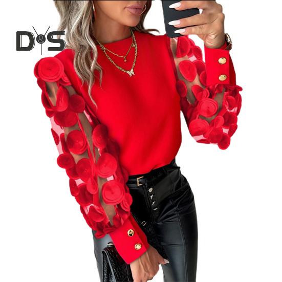 Fall Spring Women Shirt See Through Mesh Solid Color Round Neck Flower Decor Long Sleeve OL Commute Style Pullover Elegant Women Blouse