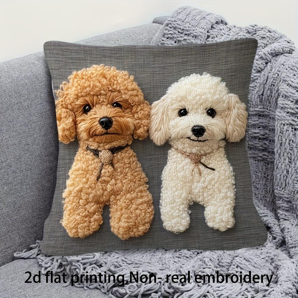 Cute Poodle Dog Pillow Cover Faux Embroidery 2D Print Soft Cozy For Sofa Bed Living Room Puppy Lover Gifts