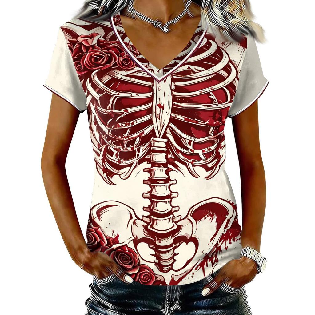 Damen Freizeit V-Ausschnitt Kurzarm T-Shirt Halloween Print Pullover Top