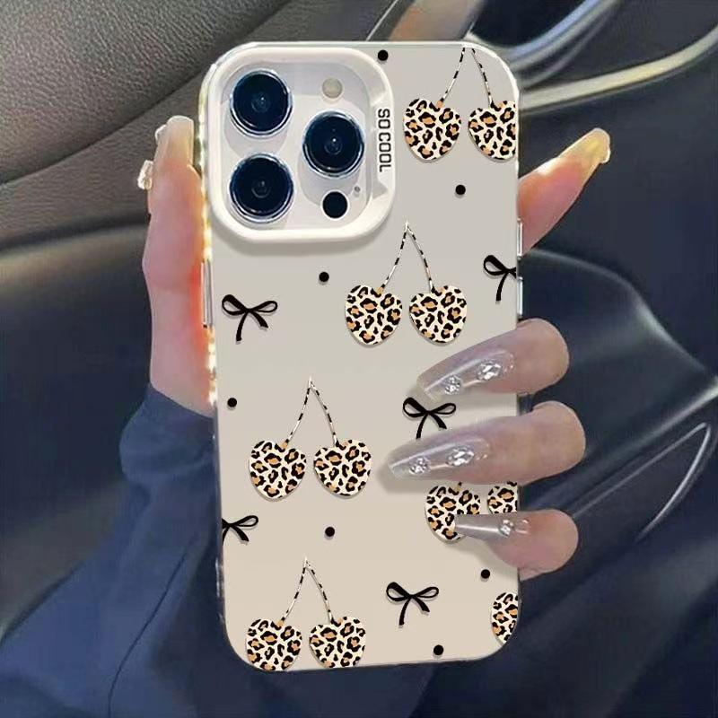 Leopard Print Cherry iPhone Case for 14 Pro, 15 Pro, 16 Pro Max, and 17 Models.