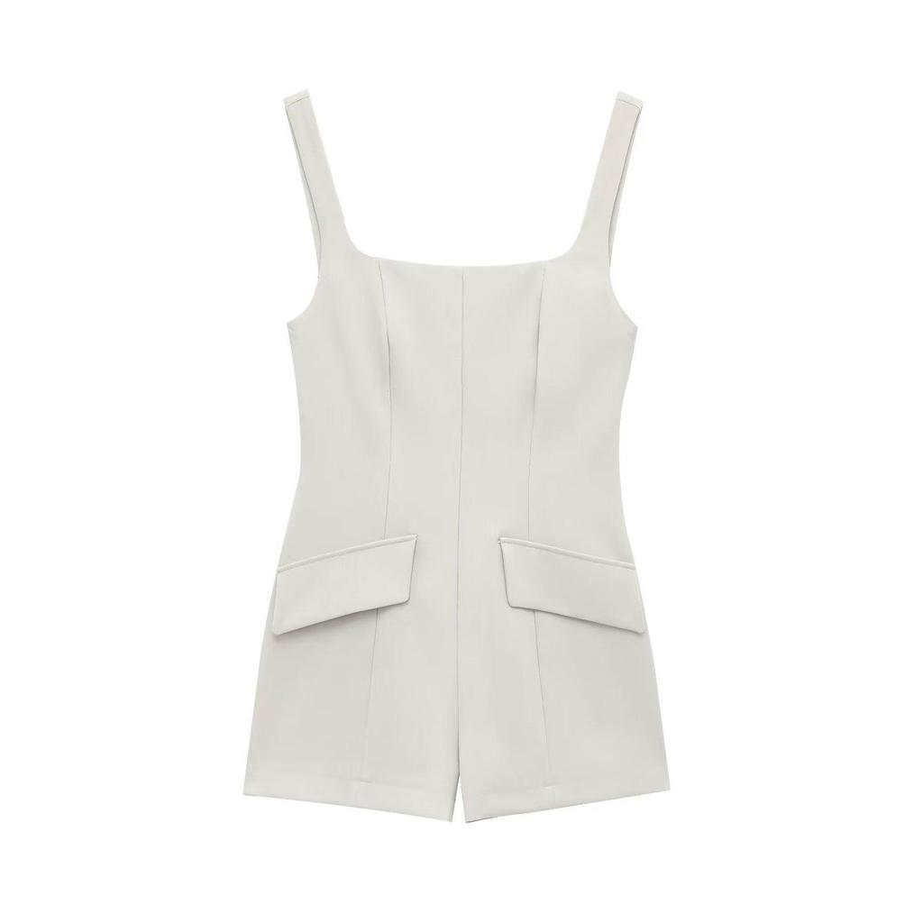 2025 Spring/Summer Women's Backless Sleeveless Square Neck Jumpsuit Dress with Patch Pocket and Spaghetti Straps