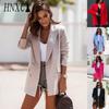 HNXC Dames Vintage Casual effen kleurprint Herfst Winter Lange mouwen POLO-hals jassen en jassen