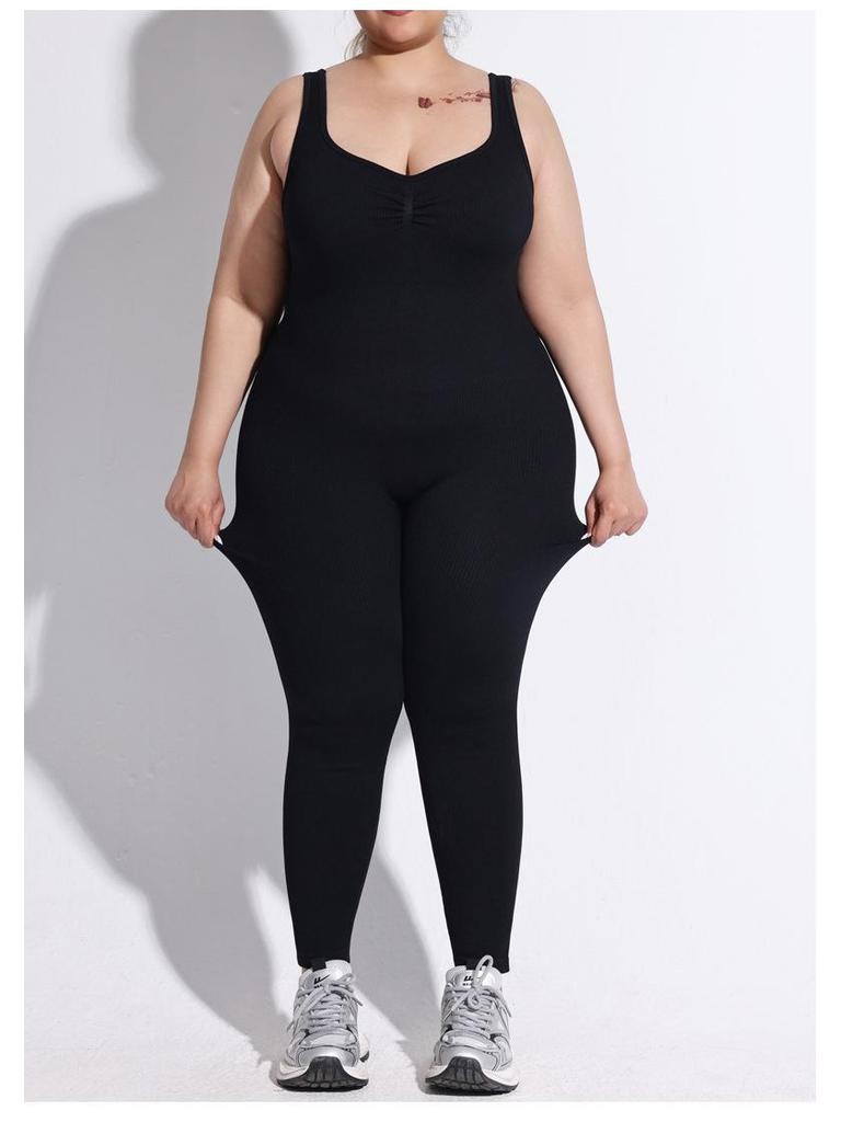 Plus Size Ribbed Backless Jumpsuit: Double Shoulder Strap, Body Shaping, Seamless Hip Lifting Yoga Wear