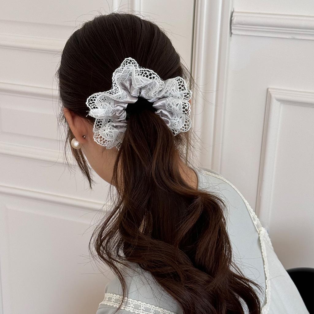 Silver Glossy Fabric Hair Band Retro Square Scarf Bow Lace Edge Large Intestine Ring Texture Hair Accessories New Headband Adult