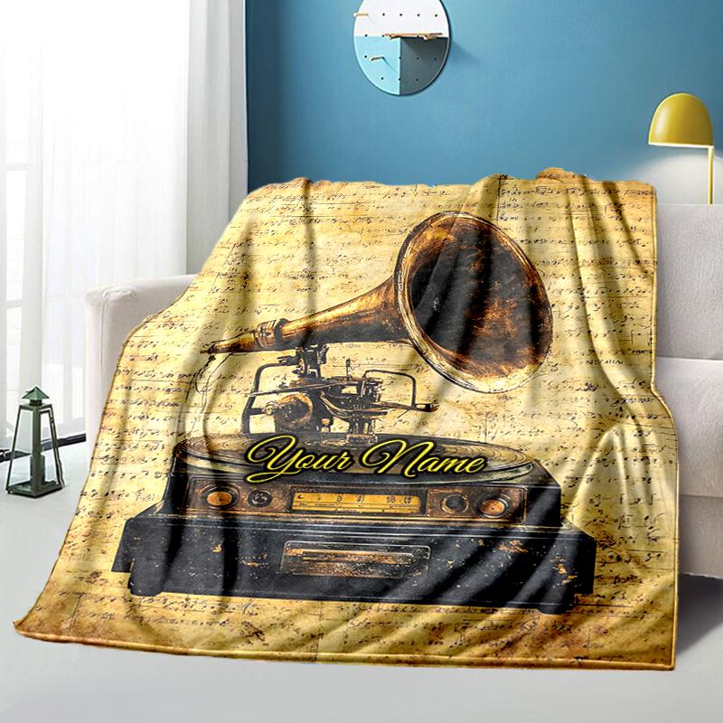 1PC Custom Name Vintage Gramophone Music Flannel blankets Patterns Throw Blanket All-Season Soft Gift for Couch, Bed, Camping gifts