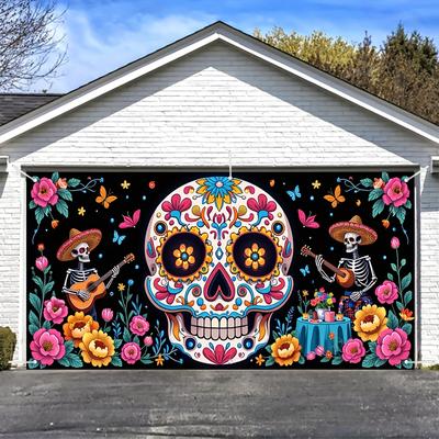 1 Piece of Colorful Dia De Los Muertos Garage Door Banner - Durable Polyester Vibrant Floral Skull Designzyc