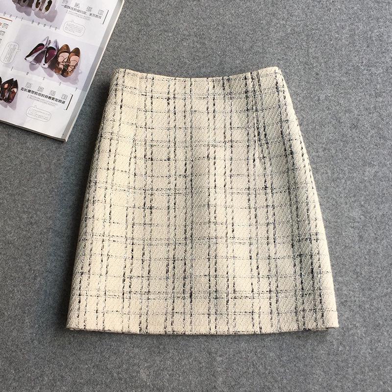 

High-Waisted Plaid Wool Midi Skirt - French Style, Autumn/Winter New, Slimming, Plus Size, Bodycon, Flaw-Concealing. L 72cm waist