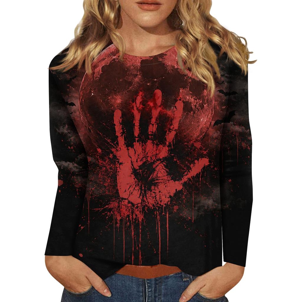 Women's Long-sleeved Loose-necked Halloween Print Casual Top, Suitable for Holiday Parties