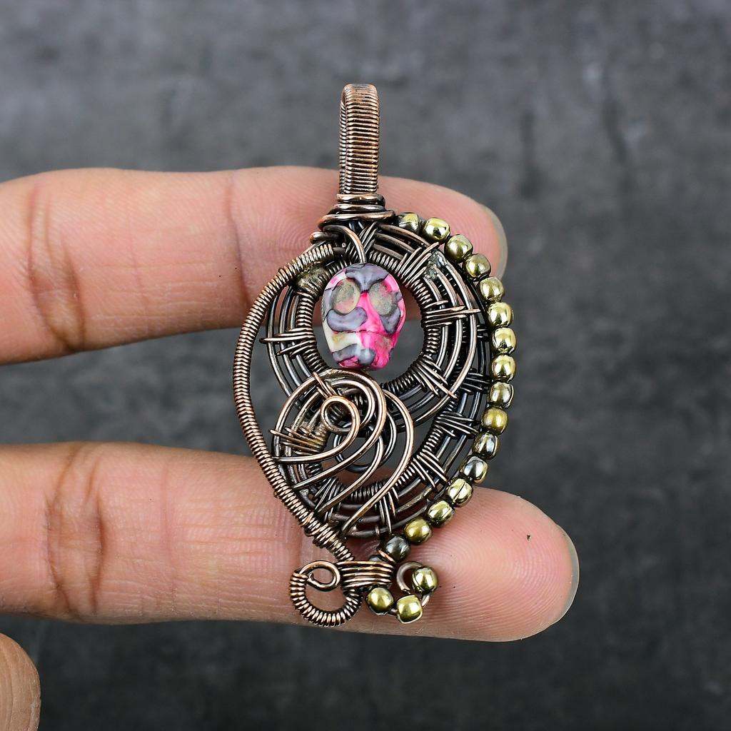 Natural Mosaic Jasper Gemstone Copper Wire Wrap Gift Jewelry Pendant 2.56" S2P25
