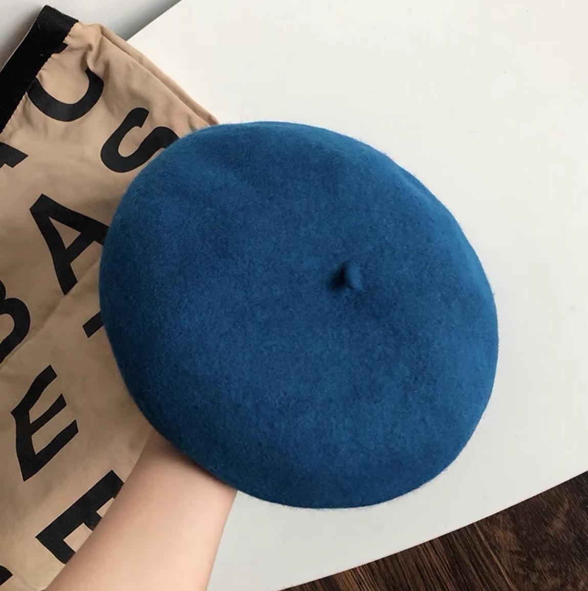 

Solid Color Wool Beret Female Autumn And Winter Korean Version Japanese Soft Girl Small Head Circumference Hat Circumference Adjustable Retro Painter adjustable (56-58cm) not washable павлин голубой
