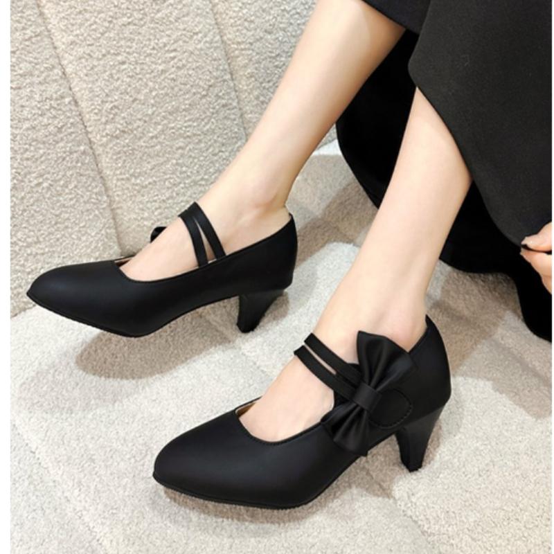 Fashion 2024 Korean Fashion Pointed Toe Women's High Heels Elegant Bow Wedding Bridal Shoes Comfortable Thick Heel Ladies Formal Shoes