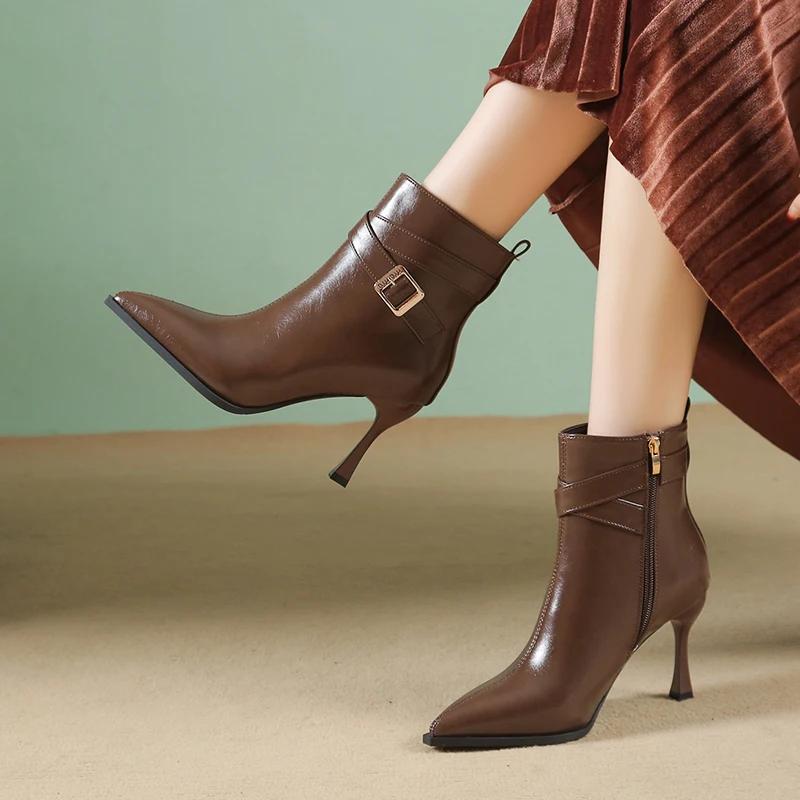 Winter Sexy Women Ankle Boots High Thin Heels Party Office Lady Pointed Toe Buckle Zipper Punk Short Boots Botines Para Mujeres