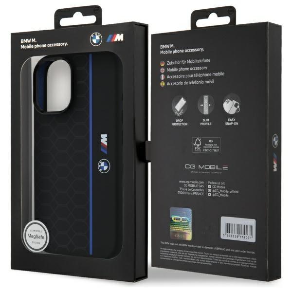 BMW Bmhmp16S23Sheb iPhone 16 6.1        Czarny/Black Hardcase Silikonowy Sześciokąt Niebieska Linia Magsafe