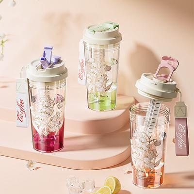 600ml Water Bottle, Cute Cups with Lids and Straws Water Cup, Female Plastic Cup, Outdoor Portable Coffee Cup, Water Cup