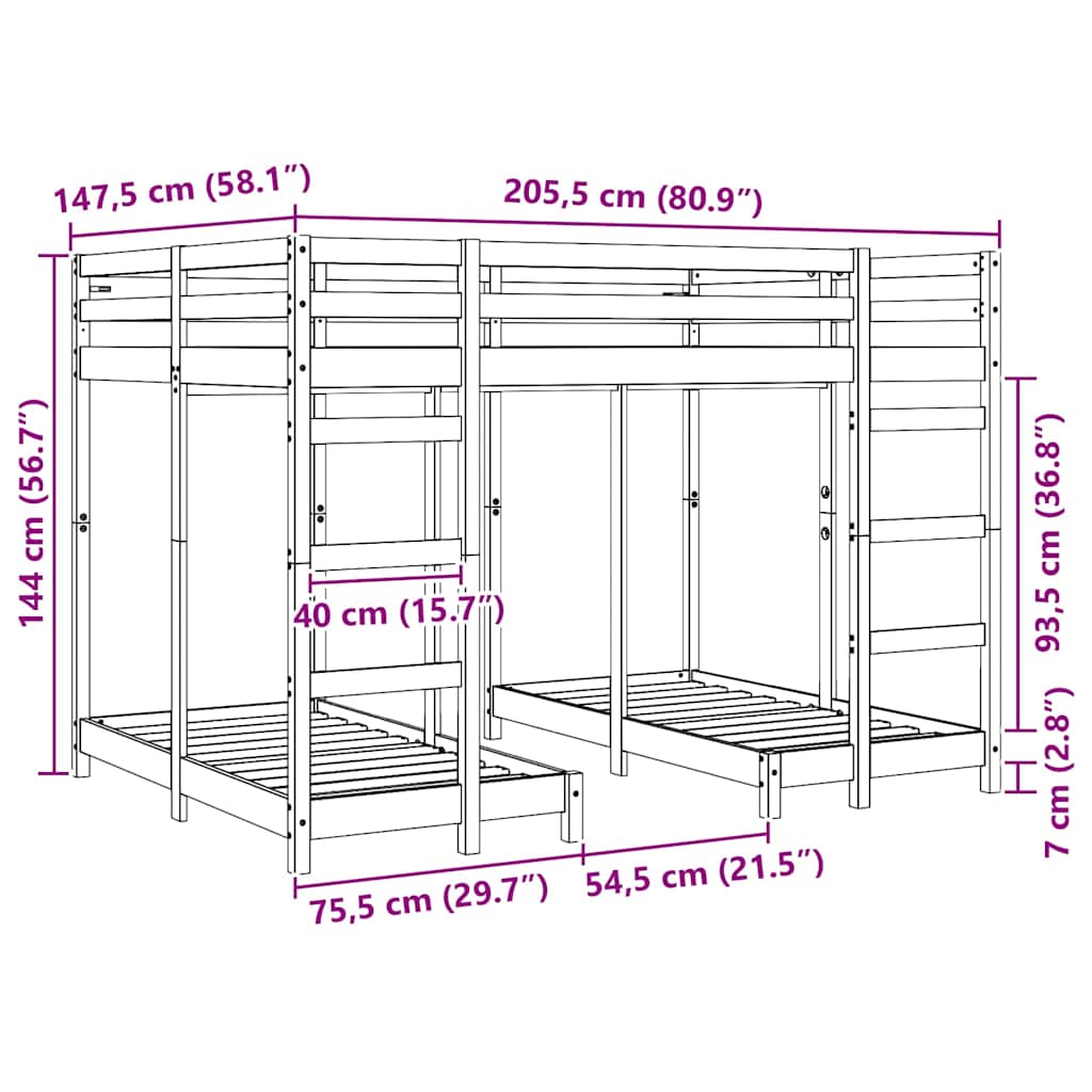 Triple Deck Bunk Bed Frame White 140 X 200 Cm