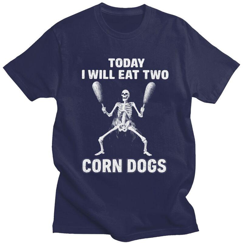 Skeleton Corn Dogs Funny Food Meme T Shirt for Men 100 Cotton Tshirts Sumer Style Short Sleeve Tee Shirt Slim Fit Clothing