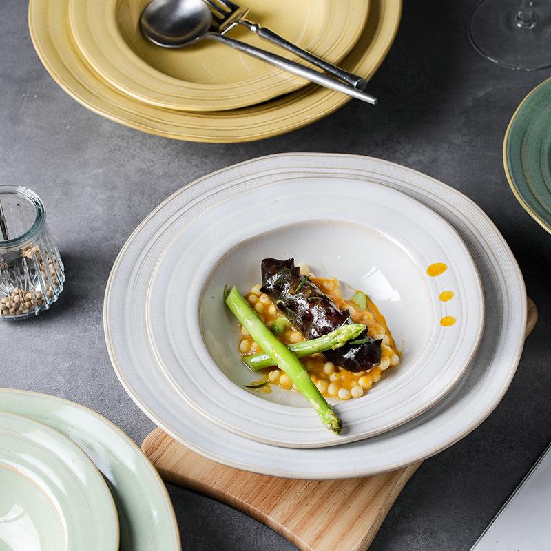 Retro Style Kiln Change Glaze Straw Hat Plate Creative Ceramic Pasta Western Plate Fruit Salad Soup Plate Household Dish