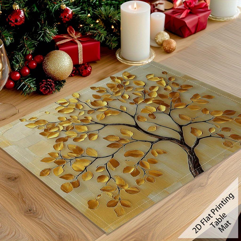 Golden Leaves Print Placemat  Tablecloth Decor For Kitchen  Non-Slip & Washable  New Year To Attract Wealth.  Dining Room