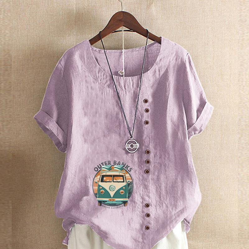Damenmode Tourenwagen bedruckt Rundhals Kurzarm T-Shirt Lässig Baumwolle Leinen Grafikshirt Freizeit Locker Sommerbluse Tops