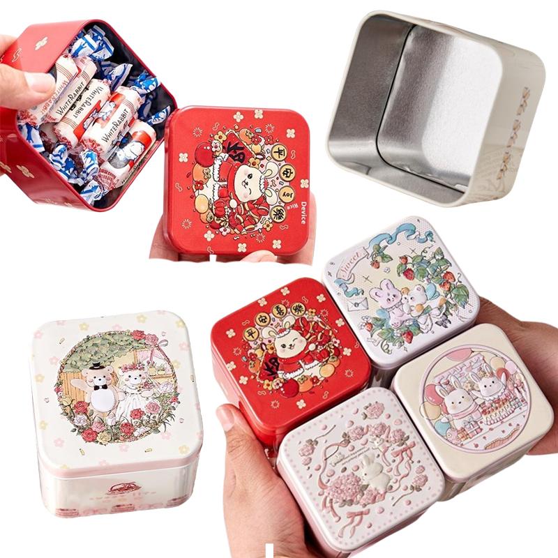 Rabbit Pattern Relief Tin Box Square Tinplate Candy Storage Jar Biscuit Tea Jewelry Organizer Container Case Wedding Gift Boxes