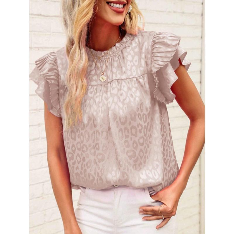 2025 Letnia moda Leopard Print damska bluzka Nowa swobodna prosta koszula z falbaniastymi rękawami plisowana damska góra plus size luźna odzież damska 3670