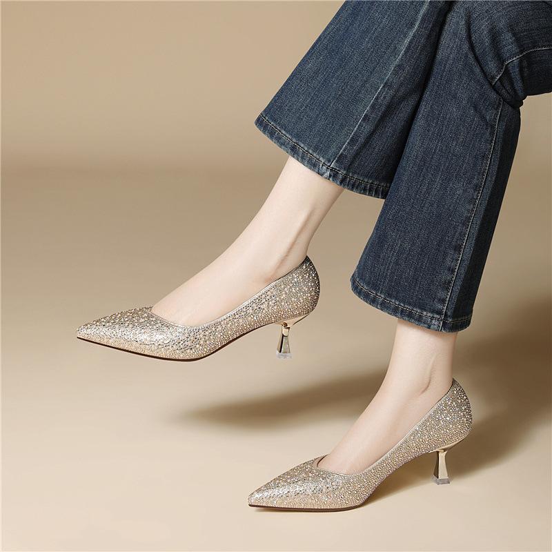 Light luxury high-end women's shoes heightened thin heels early spring single shoes small women shallow mouth rhinestone commuting high heels